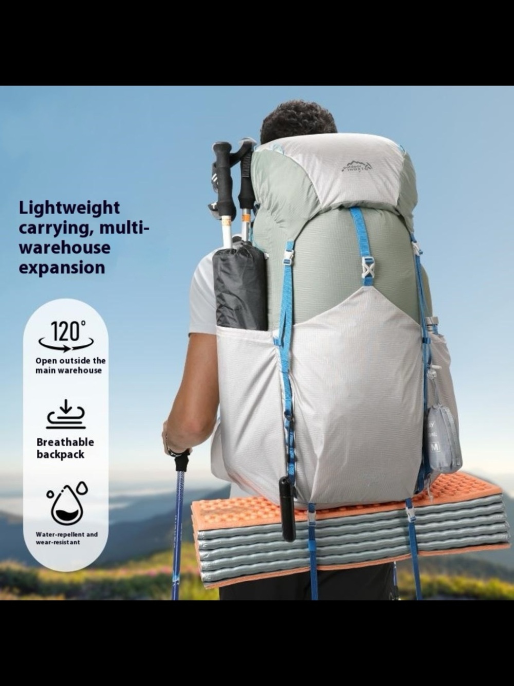 Lightweight Hiking Backpack in Light Gray with Blue Accents